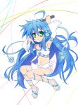  ahoge alternate_costume ankle_lace-up blue_hair cross-laced_footwear detached_sleeves flat_chest green_eyes izumi_konata long_hair lucky_star microphone mole sandals solo tyke very_long_hair 