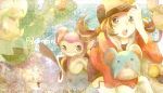  1girl aipom alternate_costume bad_id baseball_cap brown_hair cosplay gengar gold_(pokemon)_(cosplay) hat kasuboo kotone_(pokemon) mareep marill open_mouth pokemon pokemon_(creature) pokemon_(game) pokemon_gsc reuniclus yellow_eyes 