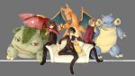  3boys alternate_costume black_hair blastoise brown_hair charizard chin_rest couch dual_persona formal highres jikei male multiple_boys multiple_persona necktie no_hat no_headwear pants pikachu pokemon pokemon_(creature) pokemon_(game) pokemon_firered_and_leafgreen pokemon_rgby pokemon_special popped_collar red_(pokemon) red_(pokemon)_(classic) red_(pokemon)_(remake) red_eyes shoes short_hair simple_background sitting smile suit venusaur vest 