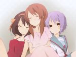  brown_eyes brown_hair casual closed_eyes endless_eight hair_ribbon kinokosuke long_hair nagato_yuki purple_hair ribbon school_uniform short_hair sleeping suzumiya_haruhi suzumiya_haruhi_no_yuuutsu 