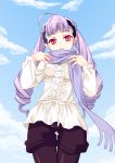  ahoge busou_shinki cloud drill_hair hatuka legwear_under_shorts long_hair pantyhose purple_hair scarf shorts sky twintails yda 
