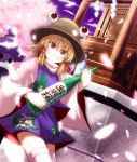  bottle cherry_blossoms chourui dutch_angle frog grin hair_ribbon hat moriya_suwako ribbon sake short_hair sky smile solo thighhighs tori_rui touhou zettai_ryouiki 