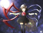  asymmetrical_wings black_hair black_thighhighs bow dress full_moon highres houjuu_nue lens_flare moon muttan_(ashiru-f) red_eyes snake solo star thigh-highs touhou wings wristband zettai_ryouiki 