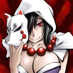  artist_request black_hair breasts cleavage evil_grin fox_mask grin hood jewelry large_breasts mask mole okami rao red_eyes smile solo 