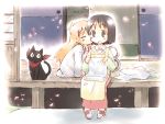  :o apron black_cat black_cat_(animal) black_eyes black_hair blonde_hair blush cat cheek_kiss child closed_eyes eyes_closed fading_borders hakase_(nichijou) hoshino_madoka japanese_clothes kiss long_hair multiple_girls nichijou petals porch professor_shinonome sakamoto_(nichijou) shinonome_nano short_hair sitting sliding_doors veranda winding_key 