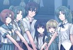  bad_id furude_rika higurashi_no_naku_koro_ni houjou_satoko maebara_keiichi ryuuguu_rena school_uniform serafuku smile sonozaki_mion sonozaki_shion 