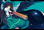  black_hair bow cape hair_bow letterboxed long_hair night pera purple_eyes reiuji_utsuho smile solo space star touhou universe violet_eyes weapon wings 