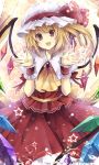  brooch brown_eyes flandre_scarlet hagiwara_rin hat jewelry jpeg_artifacts open_mouth outstretched_hand red_eyes short_hair side_ponytail smile solo touhou wings wrist_cuffs wristband 