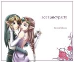  1girl bad_id blonde_hair blue_eyes braid brown_hair chikuwa_(rinka) couple dancing earrings elbow_gloves eye_contact flower gauntlets gloves hat jewelry link pink_rose pointy_ears princess_zelda rinka115 rose the_legend_of_zelda tiara twilight_princess 