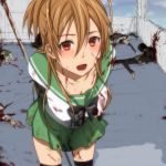  arms_behind_back blood blood_on_face brown_hair death down_blouse highschool_of_the_dead leaning_forward miyamoto_rei open_mouth red_eyes school_uniform serafuku single_shoe thighhighs 