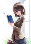  bag bespectacled blue_eyes book brown_hair butterfly female glasses hair_ornament hairclip holding holding_book looking_at_viewer mahou_shoujo_lyrical_nanoha mahou_shoujo_lyrical_nanoha_a&#039;s mahou_shoujo_lyrical_nanoha_a's open_book plaid plaid_skirt school_uniform short_hair skirt smile solo yagami_hayate yone 