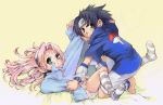  1girl black_hair couple cute green_eyes haruno_sakura naruto pink_hair uchiha_sasuke 