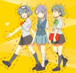  3girls bad_id blue_eyes glasses green_hair happy inazuma_eleven kino_aki kudou_fuyuka legs multiple_girls otonashi_haruna purple_hair school_uniform short_hair walking 