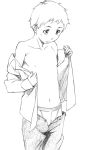  briefs hourou_musuko lingerie male monochrome nitori_shuuichi open_clothes open_shirt sawa_jaaji shirt sketch traditional_media underwear undressing 