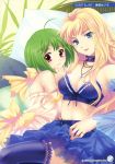  absurdres ahoge armlet artist_request bare_shoulders blonde_hair blue_eyes blue_legwear blue_thighhighs blush bow breasts bustier choker cleavage dress earrings green_hair highres jewelry lingerie lipstick long_hair macross macross_frontier midriff multiple_girls necklace pillow pink_eyes plant ranka_lee ring sheryl_nome short_hair skirt smile thigh-highs thighhighs touto_seiro underwear 