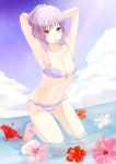  bad_id bikini blue_eyes flower hibiscus highres kneeling mouth_hold original purple_hair shitsuren_banchou_tea solo submerged swimsuit tying water 