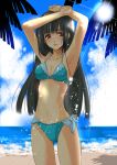  arms_up beach bikini black_hair kikuta_yui long_hair original red_eyes shade solo sun swimsuit water 