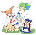  cirno daiyousei eyebrows fairy_wars head_bump jon_henry_nam long_hair luna_child multiple_girls short_hair star_sapphire sunny_milk tears touhou wings yousei_daisensou 