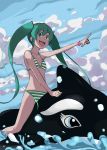  green_eyes green_hair hatsune_miku highres jas_(annkoromochi) long_hair pointing riding striped striped_bikini striped_swimsuit swimsuit twintails vocaloid whale 