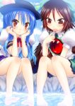  barefoot blue_hair bow brown_hair eyes feet feet_in_water food fruit hair_bow hat hinanawi_tenshi long_hair multiple_girls peach red_eyes reiuji_utsuho saki_chisuzu soaking_feet toes touhou water wings 