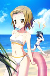  akiyama_mio beach bikini brown_eyes brown_hair hairband innertube k-on! multiple_girls natsukon sandals short_hair swimsuit tainaka_ritsu tongue 