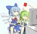  araco blue_dress blue_eyes blue_hair bow cirno closed_eyes computer controller daiyousei dress fairy_wars game_controller green_hair hair_bow multiple_girls playing_games ponytail power-up powerup short_hair sitting touhou wings yousei_daisensou 