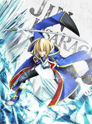  blazblue blonde_hair character_name gloves green_eyes highres jin_kisaragi male peche solo sword weapon 