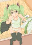  bed bonoramo from_above frown green_eyes green_hair hatsune_miku legs long_hair necktie no_pants remote sitting skirt sweat thigh-highs thighhighs twintails vocaloid 