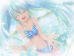  bikini dutch_angle green_eyes green_hair hatsune_miku long_hair mayo_riyo pale_color splash striped striped_bikini striped_swimsuit swimsuit twintails vocaloid wink 