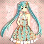  aqua_eyes aqua_hair bad_id bare_shoulders bow criss-cross_halter dress hair_bow halter_top halterneck hatsune_miku head_tilt lace long_hair muni smile solo twintails very_long_hair vocaloid 