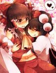  :d :q black_hair bow brown_hair detached_sleeves hair_bow hakurei_reimu hand_under_clothes hand_under_shirt hat heart hug large_bow mk multiple_girls naughty_face red_eyes shameimaru_aya short_hair smile spoken_heart star sweatdrop tokin_hat tongue touhou wavy_mouth wings you_gonna_get_raped yuri 