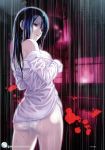  ass blue_hair dress_shirt from_behind highres kageme koutaro long_hair looking_back no_pants off_shoulder panties rain red_eyes shirt smile solo standing underwear wet wet_clothes white_panties 