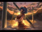  blue_hair cloud clouds crossed_arms hairband lake leaf letterboxed onbashira purple_hair red_eyes scenery short_hair solo sunset touhou vica wading water wet_clothes yasaka_kanako 