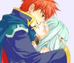  1girl bad_id blue_eyes cape closed_eyes couple eliwood fire_emblem fire_emblem:_rekka_no_ken fire_emblem_blazing_sword green_hair guttary hair_ornament hug incipient_kiss ninian red_hair redhead smile tears 