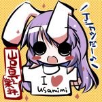  blush blush_stickers bunny_ears chibi clothes_writing long_hair lowres purple_hair rabbit_ears reisen_udongein_inaba shin_no smile t-shirt touhou translated translation_request 