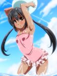  :o arms_up ball black_hair blush brown_eyes cloud clouds holding k-on! long_hair nakano_azusa satsuki_imonet sky solo tan twintails wading water wet wet_clothes 