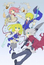  blazblue blonde_hair blue_eyes green_eyes gun jin_kisaragi noel_vermillion ragna_the_bloodedge redhead silver_hair sword tsubaki_yayoi weapon yamo 