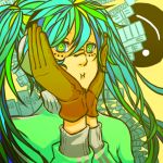  crazy_eyes face gloves hands hands_on_own_cheeks hands_on_own_face hatsune_miku headphones long_hair matryoshka_(vocaloid) mogami_kawa multicolored_hair solo twintails vocaloid 