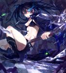  black_hair black_rock_shooter black_rock_shooter_(character) blue_eyes boots breasts chain checkered checkered_floor cleavage dutch_angle glowing glowing_eye glowing_eyes highres jacket long_hair navel scar shorts skull solo sono squatting star stitches twintails 