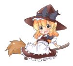  apron blonde_hair braid broom brown_eyes chibi dress hair_ribbon hat kirisame_marisa long_hair red_dress ribbon side_braid tobi_(artist) tobi_(nekomata_homara) touhou touhou_hisoutensoku witch_hat 