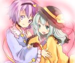  green_eyes hand_on_shoulder hat komeiji_koishi komeiji_satori miya_(artist) miya_(tsumazukanai) multiple_girls purple_eyes purple_hair short_hair siblings sisters smile touhou violet_eyes 