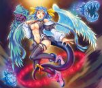  angel_wings asymmetrical_wings blue_hair bow breasts center_opening cleavage dizzy fangs glowing glowing_eyes guilty_gear hair_bow high_heels highres long_hair long_sleeves navel necro open_mouth red_eyes ribbon shoes skull solo tail tail_ribbon thigh-highs thighhighs toshi twintails underboob wings 