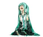  aqua_hair detached_sleeves hatsune_miku long_hair nashimura necktie open_mouth simple_background sitting skirt solo tears thigh-highs thighhighs twintails very_long_hair vocaloid 