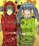  bad_id blue_hair face gloves green_hair grin gumi hatsune_miku headphones hoodie long_hair matryoshka_(vocaloid) multiple_girls smile twintails vocaloid yuki_(fuguneko) 