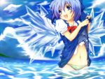  blue_hair cirno haruyonoto highres ice navel panties shirt_lift smile striped striped_panties touhou underwear water wet wet_clothes wings 
