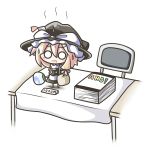  blonde_hair chair chibi comiket fan hat kirisame_marisa o_o paper_fan sweatdrop table touhou uchiwa witch_hat 