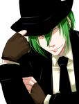  bad_id blazblue fingerless_gloves formal gloves green_hair hat hazama highres luka male necktie slit_pupils solo yellow_eyes 