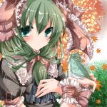  bird bow frills front_ponytail green_eyes green_hair hair_bow hair_ribbon kagiyama_hina leaf nanase_nao ribbon short_hair smile touhou wrist_cuffs 