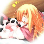  between_breasts blonde_hair blush breasts cat closed_eyes hair_ribbon hanamaru_youchien highres kindergarten_teacher long_hair lying ootsuki_ren panda_neko plush ribbon stuffed_animal stuffed_toy yamamoto_nanako 