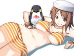  bird breasts brown_eyes brown_hair fingerless_gloves gloves hat ikujitto mabinogi o-ring_top on_side on_stomach penguin see-through shaved_ice short_hair skirt striped striped_bikini striped_swimsuit sweat swimsuit underboob 